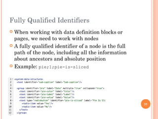 Fully Qualified Identifiers 
 When working with data definition blocks or 
pages, we need to work with nodes 
 A fully qualified identifier of a node is the full 
path of the node, including all the information 
about ancestors and absolute position 
 Example: pie;1;pie-is-sliced 
31 
 