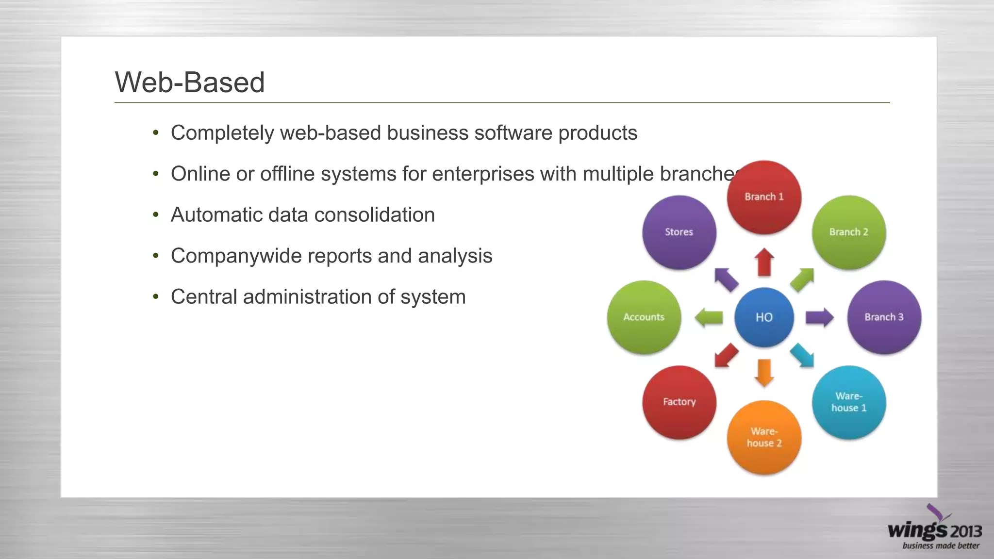 Web-Based
• Completely web-based business software products
• Online or offline systems for enterprises with multiple branches
• Automatic data consolidation

• Companywide reports and analysis
• Central administration of system

 