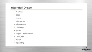 Integrated System
• Purchase
• Sales
• Inventory
• Inter-Branch
• Inter-Location
• Promotions
• Mobile
• Targets & Achievements
• Load Chart
• Payroll
• Accounting

 