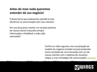 Antes de mais nada queremos
entender do seu negócio!
É desta forma que poderemos atendê-lo com
eficiência na comunicação com seus clientes!
Por isso buscamos manter um contato próximo
de nossos cliente trocando sempre
informações e feedback a cada ação
executada!
Confira no slide seguinte uma visualização de
modelo de negócios (model canvas) produzida
como resultado de uma interação com um de
nossos clientes com o objetivo de visualizar
etapas e criar estratégias de comunicação!
 