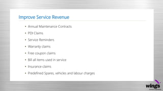 Improve Service Revenue
• Annual Maintenance Contracts
• PDI Claims
• Service Reminders
• Warranty claims
• Free coupon claims
• Bill all items used in service
• Insurance claims
• Predefined Spares, vehicles and labour charges
 