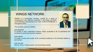 WINGS NETWORK
WINGS is a Portuguese company, created by a group of
entrepreneurs with extensive expertise in technology and MultiLevel Marketing. Represented by our CEO, CARLOS BARBOSA, a
Portuguese citizen.
The principles upheld by WINGS:
OUR MISSION
To develop a solid, sustainable business model, accessible to all. To participate and
contribute to social and economic progress.
OUR VISION
To create a society with quality of life, promoting excellence in the individual abilities of
each person.
OUR VALUES
Attitude, Ethics, Professionalism and Social Responsibility.

 