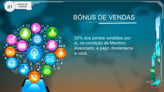 50% dos pontos vendidos por
si, na condição de Membro
Associado, e pago diretamente
a você.
.01
BÓNUS DE
VENDAS
BÓNUS DE VENDAS
 