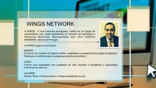 WINGS NETWORK
A WINGS é uma empresa portuguesa, criada por um grupo de
empresários, com vasta experiência no mercado de tecnologia e
Marketing Multinível. Representada pelo CEO CARLOS
BARBOSA, natural de Portugal.
A WINGS segue os princípios:
MISSÃO
Construir um modelo de negócio sólido, sustentável e acessível para todas as pessoas.
Participar e contribuir para o progresso social e económico.
VISÃO
Formar uma sociedade com qualidade de vida, levando à excelência a capacidade
individual de cada um.
VALORES
Atitude, Ética, Profissionalismo e Responsabilidade Social.
 