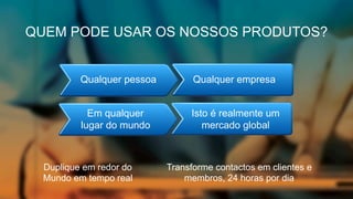QUEM PODE USAR OS NOSSOS PRODUTOS?
Duplique em redor do
Mundo em tempo real
Transforme contactos em clientes e
membros, 24 horas por dia
Isto é realmente um
mercado global
Qualquer pessoa Qualquer empresa
Em qualquer
lugar do mundo
 