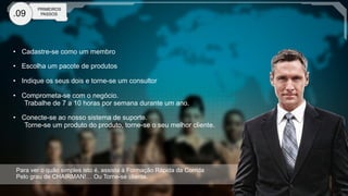 .09

PRIMEIROS
PASSOS

•  Cadastre-se como um membro
•  Escolha um pacote de produtos
•  Indique os seus dois e torne-se um consultor
•  Comprometa-se com o negócio.
Trabalhe de 7 a 10 horas por semana durante um ano.
•  Conecte-se ao nosso sistema de suporte.
Torne-se um produto do produto, torne-se o seu melhor cliente.

Para ver o quão simples isto é, assista à Formação Rápida da Corrida
Pelo grau de CHAIRMAN!… Ou Torne-se cliente.

 