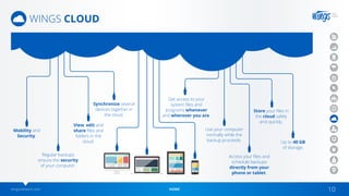 wingsnetwork.com HOME 10
WINGS CLOUD
Mobility and
Security.
Up to 40 GB
of storage.
View, edit and
share files and
folders in the
cloud.
Synchronize several
devices together in
the cloud.
Get access to your
system files and
programs whenever
and wherever you are.
Use your computer
normally while the
backup proceeds.
Access your files and
schedule backups
directly from your
phone or tablet.
Store your files in
the cloud safely
and quickly.
Regular backups
ensure the security
of your computer.
 