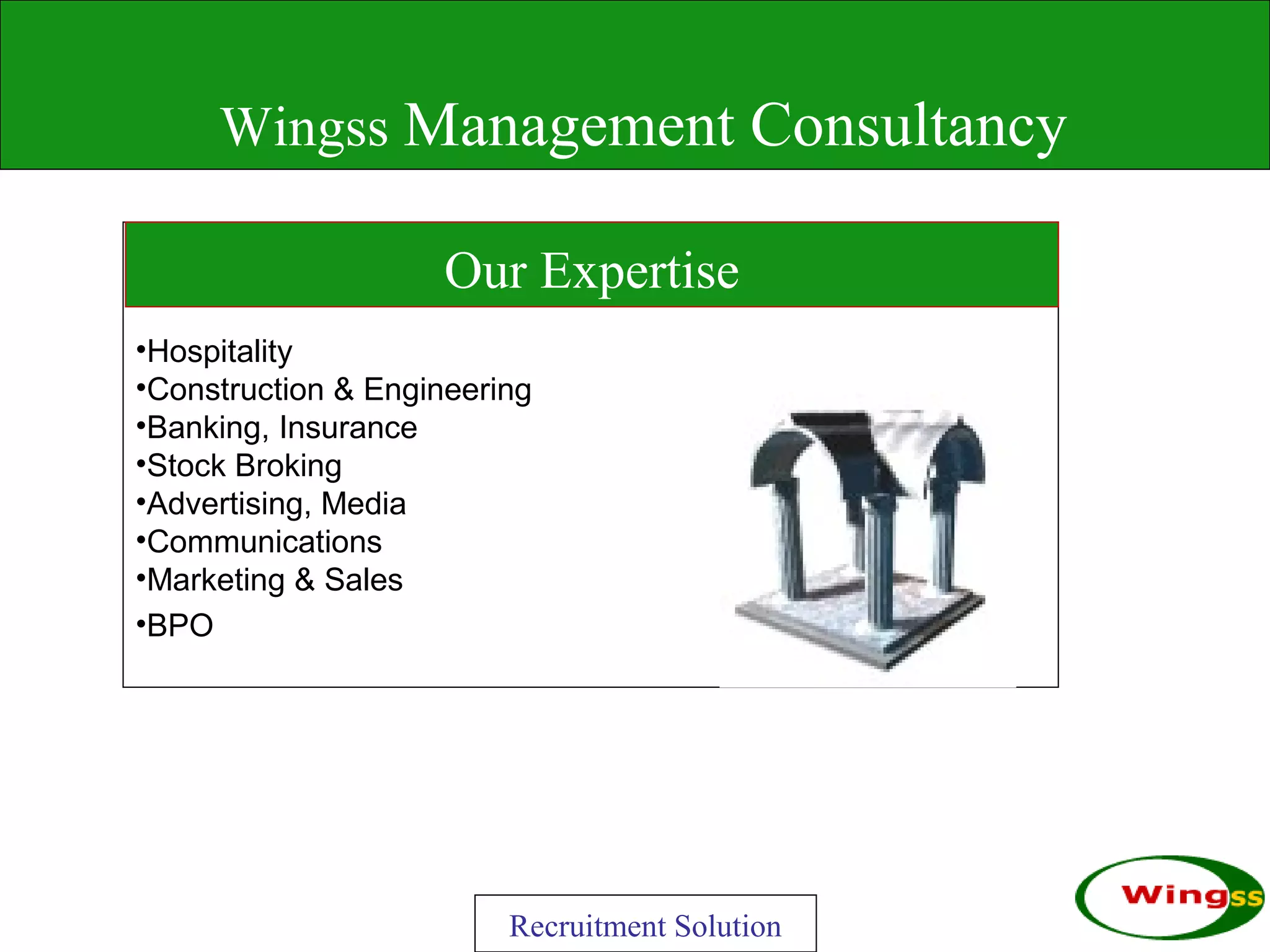 Wingss Management Consultancy

                     Our Expertise
•Hospitality
•Construction & Engineering
•Banking, Insurance
•Stock Broking
•Advertising, Media
•Communications
•Marketing & Sales
•BPO




                         Recruitment Solution
 