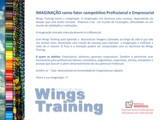 Treinando Asas
IMAGINAÇÃO como fator competitivo Profissional e Empresarial
Wings Training treina a imaginação. A Imaginação cria barreiras e/ou sucesso, dependendo da
direção que está sendo treinada. Podemos criar um mundo de frustrações, dificuldades ou um
mundo de satisfações e realizações.
A imaginação treinada intencionalmente é o diferencial.
Com Wings Training você aprende a desconstruir imagens cultivadas ao longo da vida e que não
nos servem mais; desenvolve uma receita de autouso para exercitar a imaginação e melhorar a
visão de si mesmo. O Foco e a Inovação podem ser conquistados com os exercícios do Wings
Training.
A quem se destina: Empresários, diretores, gerentes corporativos. Também é pertinente esse
treinamento para profissionais liberais, consultores, engenheiros, esportistas, artistas, estudantes e
pessoas que buscam o pleno desenvolvimento do seu potencial intelectual.
Lembre-se: Tudo desenvolvido na humanidade foi imaginado por alguém.
Treine a sua Imaginação !!!
Treinamentos Individuais
Palestras em todo Brasil
 