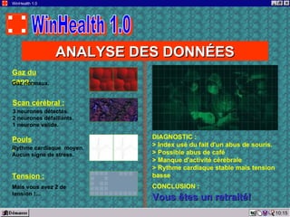 10:15 WinHealth 1.0 ANALYSE DES DONNÉES Gaz du sang : Gaz normaux. Scan cérébral : 3 neurones détectés.  2 neurones défaillants. 1 neurone valide. Pouls : Rythme cardiaque  moyen. Aucun signe de stress. Tension : Mais vous avez 2 de tension !…  DIAGNOSTIC : > Index usé du fait d'un abus de souris. > Possible abus de café > Manque d'activité cérébrale > Rythme cardiaque stable mais tension basse CONCLUSION :   Vous êtes un retraité! WinHealth 1.0 