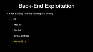 Back-End Exploitation
• After arbitrary memory reading and writing

• Leak

• ntdll.dll

• PebLdr

• binary address

• Kernel32.dll
 