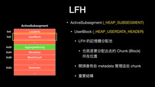 LFH
• ActiveSubsegment (_HEAP_SUBSEGMENT)

• UserBlock (_HEAP_USERDATA_HEADER)

• LFH 的記憶體分配池

• 也就是要分配出去的 Chunk (Block)
所在位置

• 開頭會有些 metadata 管理理這些 chunk

• 重要結構
LocalInfo
ActiveSubsegment
UserBlock
…
AggregateExchg
BlockSzie
BlockCount
…
SizeIndex
…
0x0
0x8
0x20
0x24
0x28
0x2a
 
