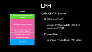 LFH
• _HEAP_ENTRY (chunk)

• SubSegmentCode

• Encode 過的 metadata ⽤用來來推回
userblock 的位置

• PreviousSize

• 該 chunk 在 UserBlock 中的 index
User Data
PreviousBlockPrivateData
(8byte)
SubSegmentCode (4byte)
PreviousSize (2byte)
SegmentOffset (1byte)
Unusedbyte (1byte)
Inused
 
