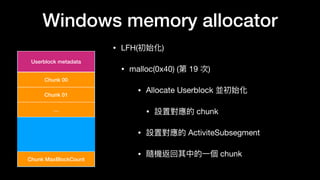 Windows memory allocator
• LFH(初始化)

• malloc(0x40) (第 19 次)

• Allocate Userblock 並初始化

• 設置對應的 chunk 

• 設置對應的 ActiviteSubsegment

• 隨機返回其中的⼀一個 chunk
Userblock metadata
Chunk 00
Chunk 01
…
Chunk MaxBlockCount
 