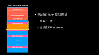 ….
….
….
SubSegment
…
EncodedOffsets
BusyBitmap
chunk header
chunk header
chunk header
_HEAP_USERDATA_HEADER
• 算出來來的 index 發現已⽤用過

• 會取下⼀一個

• 並設置對映的 bitmap
chunk header
 