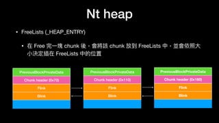 Nt heap
• FreeLists (_HEAP_ENTRY)

• 在 Free 完⼀一塊 chunk 後，會將該 chunk 放到 FreeLists 中，並會依照⼤大
⼩小決定插在 FreeLists 中的位置
Flink
Blink
Chunk header (0x70)
PreviousBlockPrivateData
Flink
Blink
Chunk header (0x110)
PreviousBlockPrivateData
Flink
Blink
Chunk header (0x160)
PreviousBlockPrivateData
 
