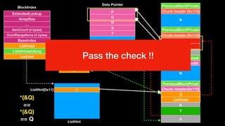 S
A
Chunk header (0x110)
PreviousBlockPrivate
Q
Chunk header (0x110)
PreviousBlockPrivate
Chunk header(0x50)
PreviousBlockPrivat
S
Chunk header(0x110)
PreviousBlockPrivat
P
Q
R
S
P
Q
R
S
T
ExtendedLookup
ArraySize
…
ItemCount (4 bytes)
OutofRangeItems (4 bytes)
BaseIndex
ListHead
ListsInUseUlong
ListHint
BlockIndex
Data Pointer
ListHint
T
A
&Q - 8
&Q
SListHint[0x11]
Q
ListHead*(&Q)
==
*(&Q)
== Q
Pass the check !!
 