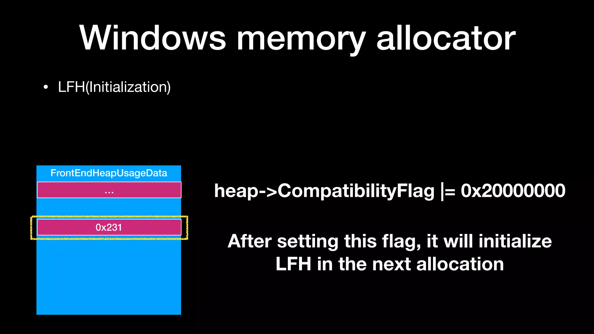 Windows memory allocator
• LFH(Initialization)
FrontEndHeapUsageData
…
0x231
heap->CompatibilityFlag |= 0x20000000
After setting this ﬂag, it will initialize 
LFH in the next allocation
 