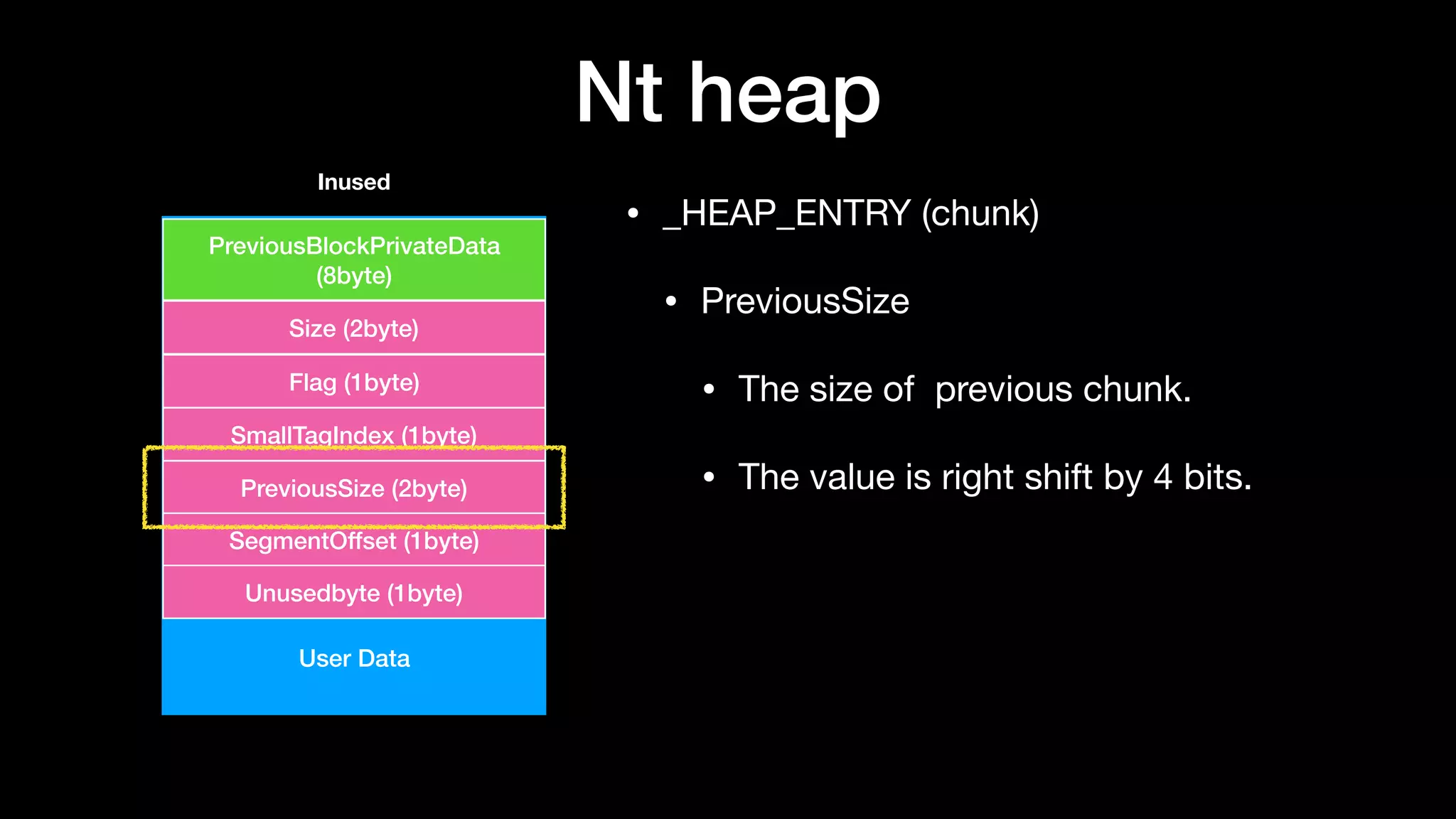 Nt heap
• _HEAP_ENTRY (chunk)

• PreviousSize

• The size of previous chunk.

• The value is right shift by 4 bits.
User Data
PreviousBlockPrivateData
(8byte)
Size (2byte)
Flag (1byte)
SmallTagIndex (1byte)
PreviousSize (2byte)
SegmentOffset (1byte)
Unusedbyte (1byte)
Inused
 