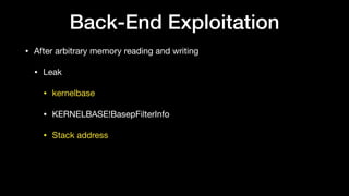 Back-End Exploitation
• After arbitrary memory reading and writing

• Leak

• kernelbase

• KERNELBASE!BasepFilterInfo

• Stack address
 