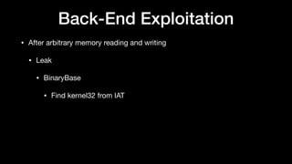 Back-End Exploitation
• After arbitrary memory reading and writing

• Leak

• BinaryBase

• Find kernel32 from IAT
 