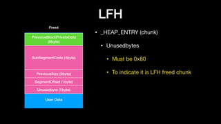 LFH
• _HEAP_ENTRY (chunk)

• Unusedbytes

• Must be 0x80

• To indicate it is LFH freed chunk
User Data
PreviousBlockPrivateData
(8byte)
SubSegmentCode (4byte)
PreviousSize (2byte)
SegmentOffset (1byte)
Unusedbyte (1byte)
Freed
 