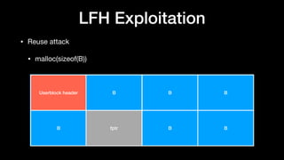 LFH Exploitation
• Reuse attack 

• malloc(sizeof(B))
Userblock header
B
B B B
fptr B B
 