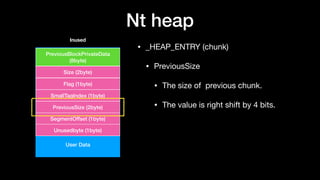 Nt heap
• _HEAP_ENTRY (chunk)

• PreviousSize

• The size of previous chunk.

• The value is right shift by 4 bits.
User Data
PreviousBlockPrivateData
(8byte)
Size (2byte)
Flag (1byte)
SmallTagIndex (1byte)
PreviousSize (2byte)
SegmentOffset (1byte)
Unusedbyte (1byte)
Inused
 