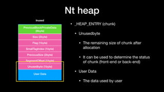 Nt heap
• _HEAP_ENTRY (chunk)

• Unusedbyte

• The remaining size of chunk after
allocation

• It can be used to determine the status
of chunk (front-end or back-end)

• User Data

• The data used by user
User Data
PreviousBlockPrivateData
(8byte)
Size (2byte)
Flag (1byte)
SmallTagIndex (1byte)
PreviousSize (2byte)
SegmentOffset (1byte)
Unusedbyte (1byte)
Inused
 