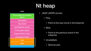 Nt heap
• _HEAP_ENTRY (chunk)

• Flink

• Point to the next chunk in the linked list

• Blink

• Point to the previous chunk in the
linked list

• Unusedbyte 

• Must be zero
User Data
PreviousBlockPrivateData
(8byte)
Size (2byte)
Flag (1byte)
SmallTagIndex (1byte)
PreviousSize (2byte)
SegmentOffset (1byte)
Unusedbyte (1byte)
freed
Flink
Blink
 