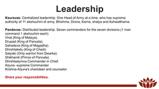 Leadership
Kauravas: Centralized leadership. One Head of Army at a time, who has supreme
authority of 11 akshouhini of army. Bhishma, Drona, Karna, shalya and Ashwatthama.
Pandavas: Distributed leadership. Seven commanders for the seven divisions.(1 man
command 1 akshouhini each)
Virat (King of Matsya).
Drupad (King of Pancala).
Sahadeva (King of Magadha).
Dhrshtaketu (King of Chedi)
Satyaki (Only warrior from Dwarka).
Shikhandi (Prince of Pancala).
Dhrshtadymna Commander in Chief.
Arjuna -supreme Commander
Krishna-Arjuna's charioteer and counselor.
Share your responsibilities.
 