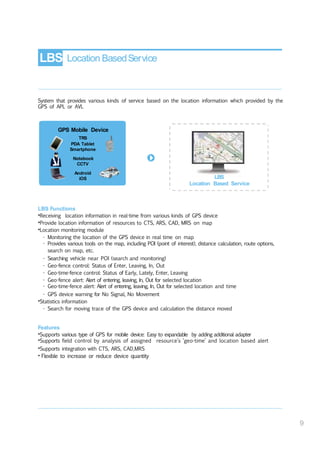 LBS Location BasedService
System that provides various kinds of service based on the location information which provided by the
GPS of APL or AVL
GPS Mobile Device
TRS
PDA Tablet
Smartphone
Notebook
CCTV
Android
iOS LBS
Location Based Service
LBS Functions
•Receiving location information in real-time from various kinds of GPS device
•Provide location information of resources to CTS, ARS, CAD, MRS on map
•Location monitoring module
- Monitoring the location of the GPS device in real time on map
- Provides various tools on the map, including POI (point of interest), distance calculation, route options,
search on map, etc.
- Searching vehicle near POI (search and monitoring)
- Geo-fence control: Status of Enter, Leaving, In, Out
- Geo-time-fence control: Status of Early, Lately, Enter, Leaving
- Geo-fence alert: Alert of entering, leaving, In, Out for selected location
- Geo-time-fence alert: Alert of entering, leaving, In, Out for selected location and time
- GPS device warning for No Signal, No Movement
•Statistics information
- Search for moving trace of the GPS device and calculation the distance moved
Features
•Supports various type of GPS for mobile device: Easy to expandable by adding additional adapter
•Supports field control by analysis of assigned resource’s ‘geo-time’ and location based alert
•Supports integration with CTS, ARS, CAD,MRS
• Flexible to increase or reduce device quantity
9
 