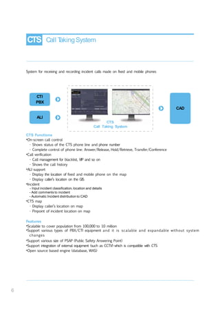 CTS Call TakingSystem
System for receiving and recording incident calls made on fixed and mobile phones
CTI
PBX
CAD
ALI
CTS
Call Taking System
CTS Functions
•On-screen call control
- Shows status of the CTS phone line and phone number
- Complete control of phone line: Answer/Release, Hold/Retrieve, Transfer/Conference
•Call verification
- Call management for blacklist, VIP and so on
- Shows the call history
•ALI support
- Display the location of fixed and mobile phone on the map
- Display caller’s location on the GIS
•Incident
- Input incident classification, location and details
- Add comments to incident
- Automatic Incident distribution to CAD
•CTS map
- Display caller’s location on map
- Pinpoint of incident location on map
Features
•Scalable to cover population from 100,000 to 10 million
•Support various types of PBX/CTI equipment and it is scalable and expandable without system
changes
•Support various size of PSAP (Public Safety Answering Point)
•Support integration of external equipment (such as CCTV) which is compatible with CTS
•Open source based engine (database, WAS)
6
 