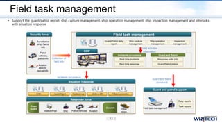 Field task management
• Support the guard/patrol report, ship capture management, ship operation management, ship inspection management and interlinks
with situation response
Field task management
Situation response
Response force
Station/Post Ship Patrol Vehicles
Guard and patrol support
Incidents occurrence
Guard and Patrol
command
COP
Incidents occurrence Guard and Patrol
Aviation
Other
ships
Coast
Guard Cowork
Security force
Surveillance
ship, Patrol
info
Patrol
vehicles,
patrol info
Aviation
search/
rescue info
Field task management
Collection of
field info
Field activities
information
 
