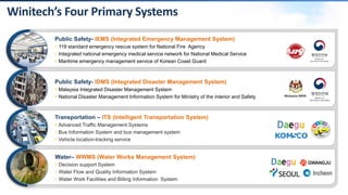 •
•
•
• 119 standard emergency rescue system for National Fire Agency
• Integrated national emergency medical service network for National Medical Service
• Maritime emergency management service of Korean Coast Guard
• Malaysia Integrated Disaster Management System
• National Disaster Management Information System for Ministry of the interior and Safety
•
•
•
 