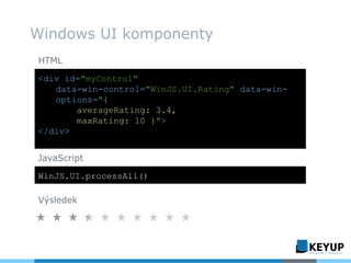 Windows UI komponenty
<div id="myControl"
data-win-control="WinJS.UI.Rating" data-win-
options="{
averageRating: 3.4,
maxRating: 10 }">
</div>
WinJS.UI.processAll()
HTML
JavaScript
Výsledek
 