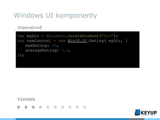 Windows UI komponenty
var myDiv = document.createElement("div");
var newControl = new WinJS.UI.Rating( myDiv, {
maxRating: 10,
averageRating: 3.4,
});
Imperativně
Výsledek
 
