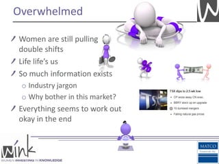 Overwhelmed

Women are still pulling
double shifts
Life life’s us
So much information exists
 o Industry jargon
 o Why bother in this market?
Everything seems to work out
okay in the end
 