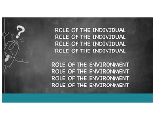ROLE OF THE INDIVIDUAL
ROLE OF THE ENVIRONMENT
ROLE OF THE INDIVIDUAL
ROLE OF THE INDIVIDUAL
ROLE OF THE ENVIRONMENT
ROLE OF THE ENVIRONMENT
ROLE OF THE ENVIRONMENT
ROLE OF THE INDIVIDUAL
 