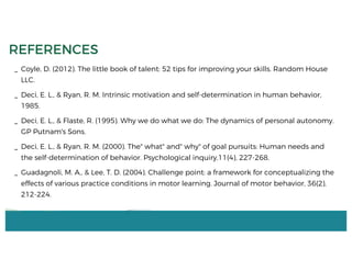 _ Coyle, D. (2012). The little book of talent: 52 tips for improving your skills. Random House
LLC.
_ Deci, E. L., & Ryan, R. M. Intrinsic motivation and self-determination in human behavior,
1985.
_ Deci, E. L., & Flaste, R. (1995). Why we do what we do: The dynamics of personal autonomy.
GP Putnam's Sons.
_ Deci, E. L., & Ryan, R. M. (2000). The" what" and" why" of goal pursuits: Human needs and
the self-determination of behavior. Psychological inquiry,11(4), 227-268.
_ Guadagnoli, M. A., & Lee, T. D. (2004). Challenge point: a framework for conceptualizing the
effects of various practice conditions in motor learning. Journal of motor behavior, 36(2),
212-224.
REFERENCES
 