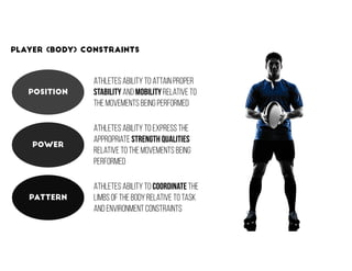 29
PLAYER (BODY) CONSTRAINTS
Position
Power
Pattern
Athletes ability to attain proper
stability and mobility relative to
t...