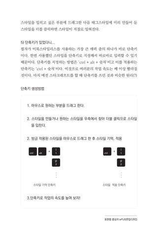 표현법 중심의 ePUB편집디자인
스타일을 입히고 싶은 부분에 드래그한 다음 태그스타일에 미리 만들어 둔
스타일을 더블 클릭하면 스타일이 저절로 입혀진다.
5) 단축키가 있었다니...
필자가 이북스타일리스를 사용하는 가장 큰 매력 중의 하나가 바로 단축키
이다. 한번 사용했던 스타일을 단축키로 지정해서 바로바로 입력할 수 있기
때문이다. 단축키를 지정하는 방법은 'ctrl + alt + 숫자'이고 이를 적용하는
단축키는 'ctrl + 숫자'이다. 이것으로 여러분의 작업 속도는 배 이상 빨라질
것이다. 마치 예전 스타크래프트를 할 때 단축키를 쓰던 것과 비슷한 원리(?)
단축키 생성방법
1. 마우스로 원하는 부분을 드래그 한다.
2. 스타일을 만들거나 원하는 스타일을 우측에서 찾아 더블 클릭으로 스타일
을 입힌다.
2. 방금 적용된 스타일을 마우스로 드래그 한 후 스타일 기억, 적용
3.단축키로 작업의 속도를 높여 보자!
ctrl alt
+
.
.
.
스타일 기억 단축키
ctrl
+
.
.
.
스타일 적용 단축키
 