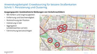 10
Ausgangspunkt: Geolokalisierte Meldungen von Verkehrsschildern
 Mit Fehlern und Ungenauigkeiten
 Entfernung und Geschwindigkeit
 Rückrechnung der Position
 Indizierung in Solr
 Aggregation
(unüberwachtes Lernen)
 Fahrtrichtung berücksichtigen
Anwendungsbeispiel: Crowdsourcing für bessere Straßenkarten
Schritt 1: Persistierung und Clustering
16.06.2016
 