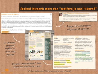 Sociaal Intranet: meer dan “wat ben je aan ‘t doen?”




                                                                 1. Trigger for conversation,
                                                                    alignment of activities




2. Dynamic
 personal
Proﬁlie” to
 show who
  you are



       Dynamic “Kenniskaarten” show
        where you stand in the crowd

                      Winkwaves Kenniscafé for organising groups of people
 