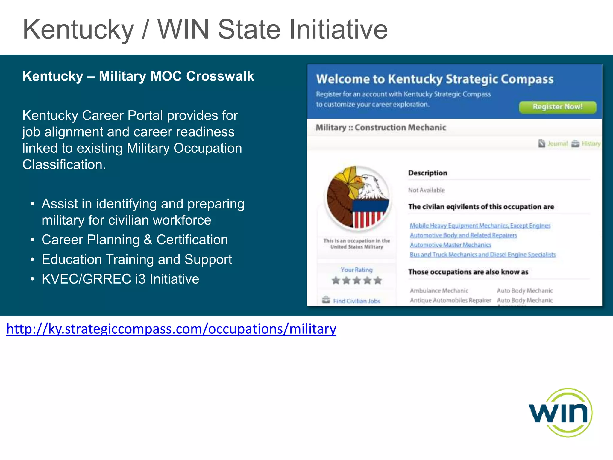 Kentucky / WIN State Initiative
Kentucky – Military MOC Crosswalk
Kentucky Career Portal provides for
job alignment and career readiness
linked to existing Military Occupation
Classification.
• Assist in identifying and preparing
military for civilian workforce
• Career Planning & Certification
• Education Training and Support
• KVEC/GRREC i3 Initiative

http://ky.strategiccompass.com/occupations/military

 