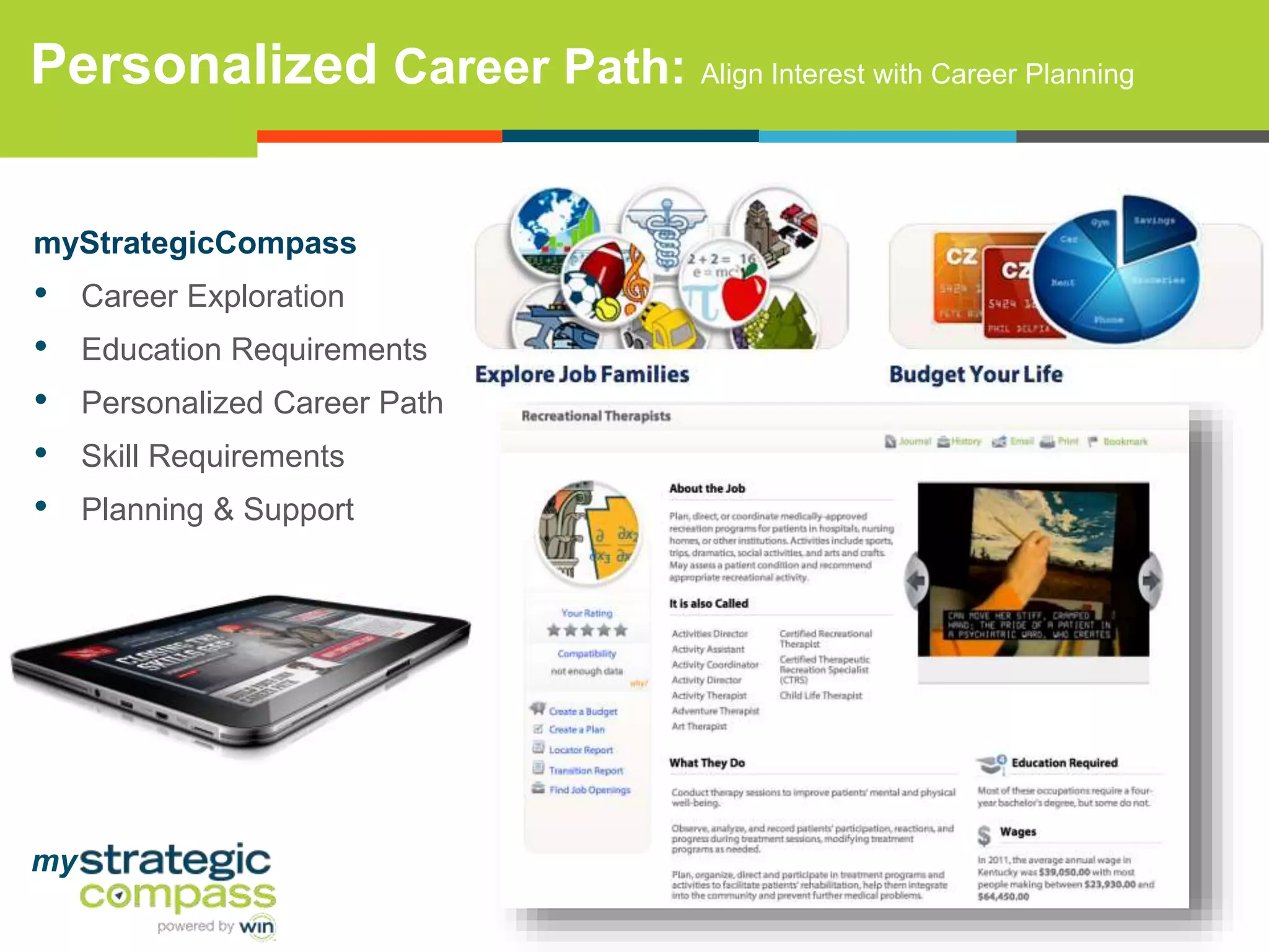 Personalized Career Path: Align Interest with Career Planning
myStrategicCompass

•
•
•
•
•

my

Career Exploration
Education Requirements
Personalized Career Path
Skill Requirements
Planning & Support

 