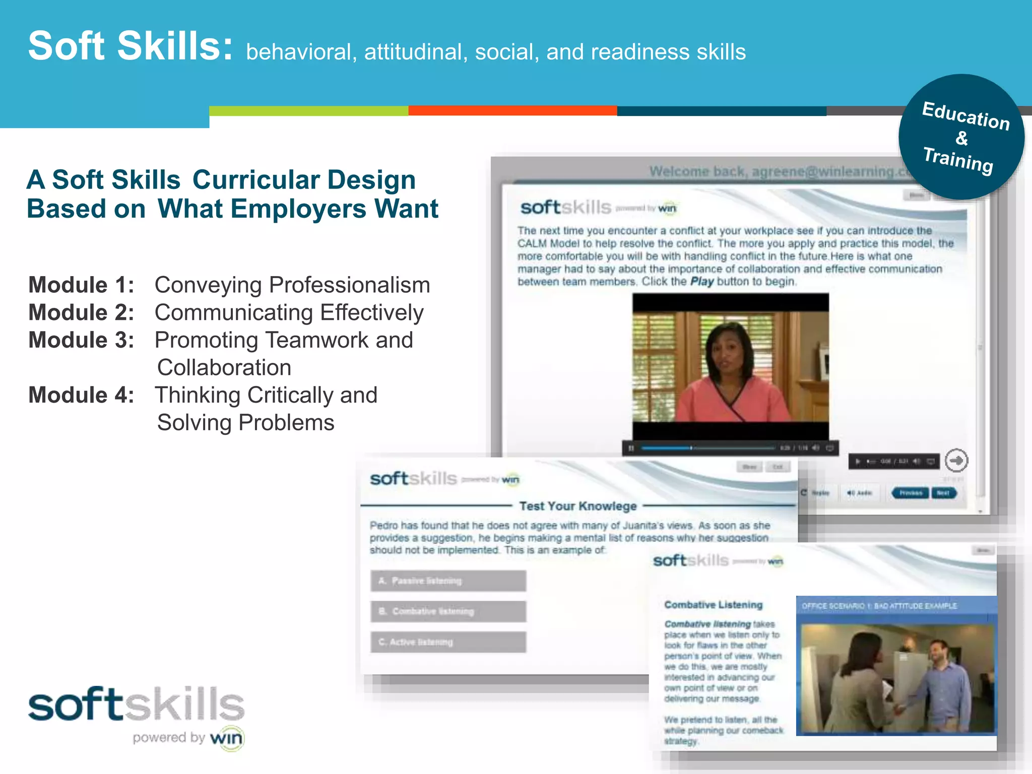 Soft Skills: behavioral, attitudinal, social, and readiness skills

A Soft Skills Curricular Design
Based on What Employers Want
Module 1: Conveying Professionalism
Module 2: Communicating Effectively
Module 3: Promoting Teamwork and
Collaboration
Module 4: Thinking Critically and
Solving Problems

 
