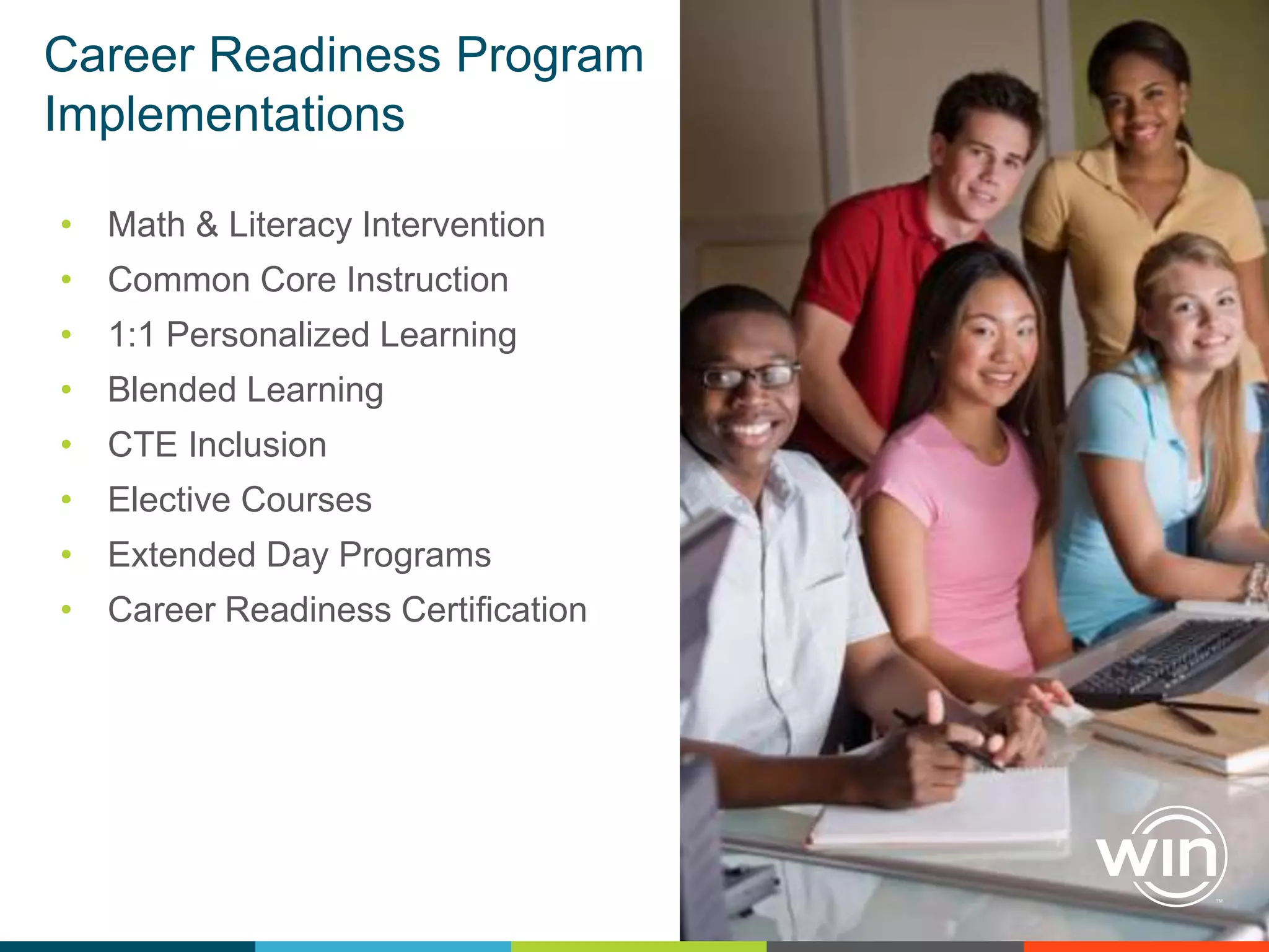 Career Readiness Program
Implementations
• Math & Literacy Intervention
• Common Core Instruction
• 1:1 Personalized Learning
• Blended Learning
• CTE Inclusion

• Elective Courses
• Extended Day Programs
• Career Readiness Certification

TM

 