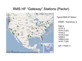RMS HF “Gateway” Stations (Pactor)
Typical RMS HF Station
W9MR – Keensburg, IL
7065.9
10141.2
10141.2 (p3)
10145.2
10145.2 (p3)
14069.0
14069.0 (p3)
14101.7 (p3)
(p3) = Pactor 3
 