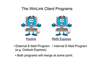 The WinLink Client Programs
Paclink RMS Express
• Both programs will merge at some point.
• External E-Mail Program
(e.g. Outlook Express)
• Internal E-Mail Program
 
